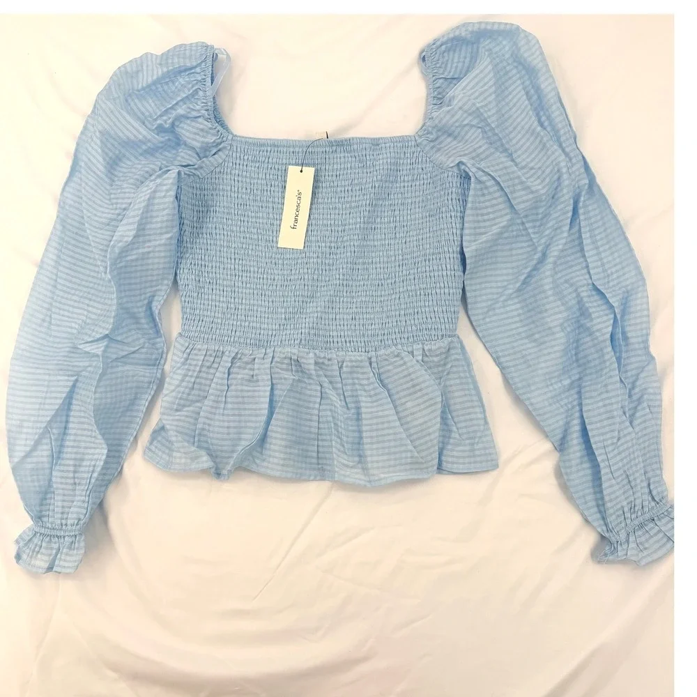 Francescas Light Blue Smocked Peplum Top Square Neck Puff Sleeve Striped S NEW